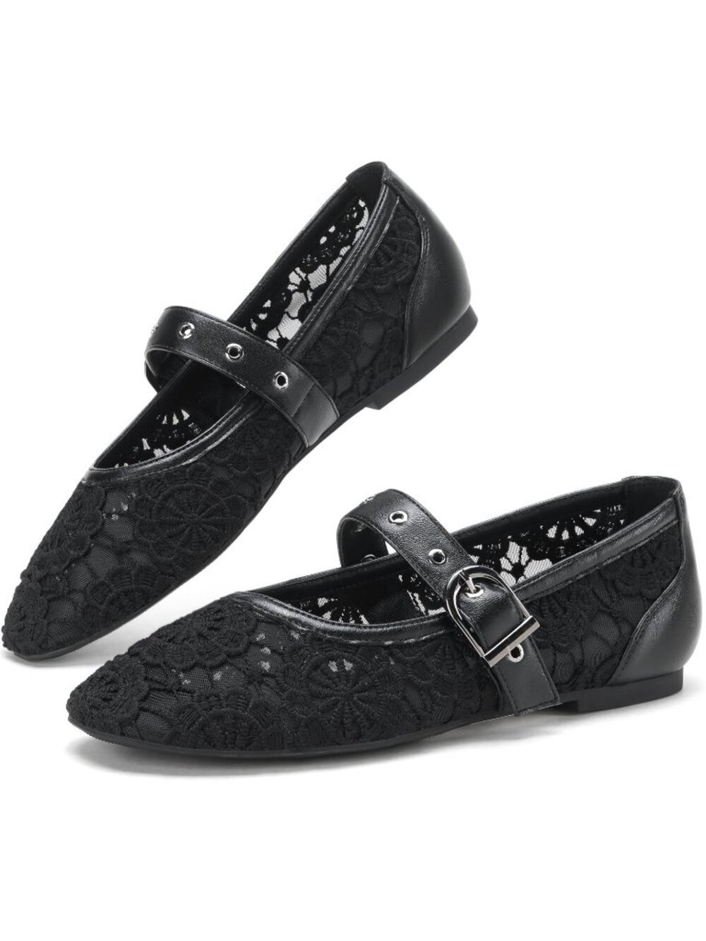 Women's Lace Black Round Toe Flat With Buckle Comfortable Adjustable Strap Shoes